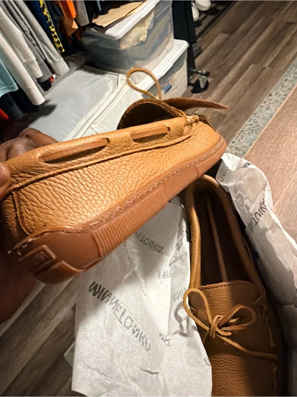 Minnetonka Tan Leather Moccasin Loafers with Bow Detail